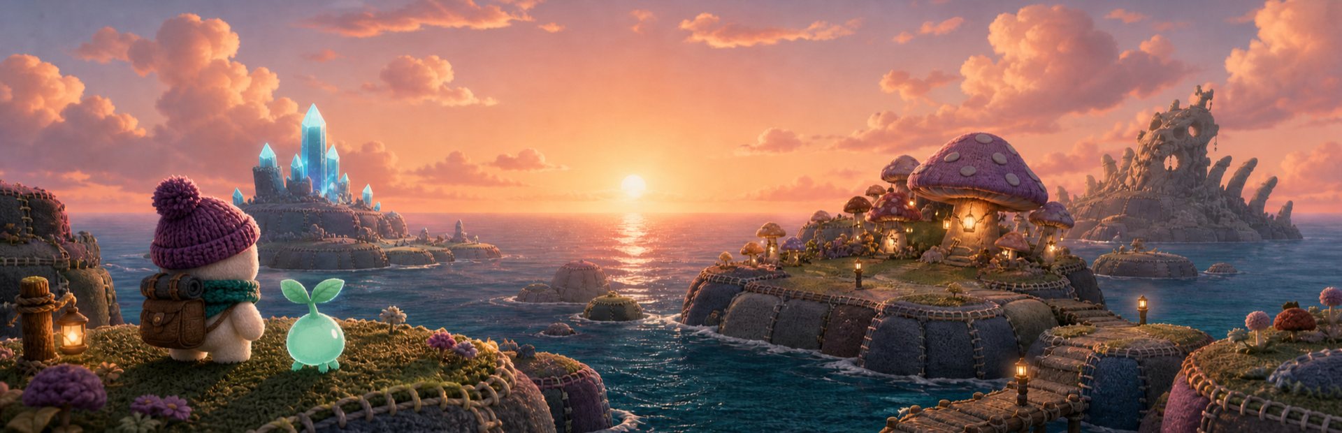 A knitted archipelago on a sunset sea at dusk.