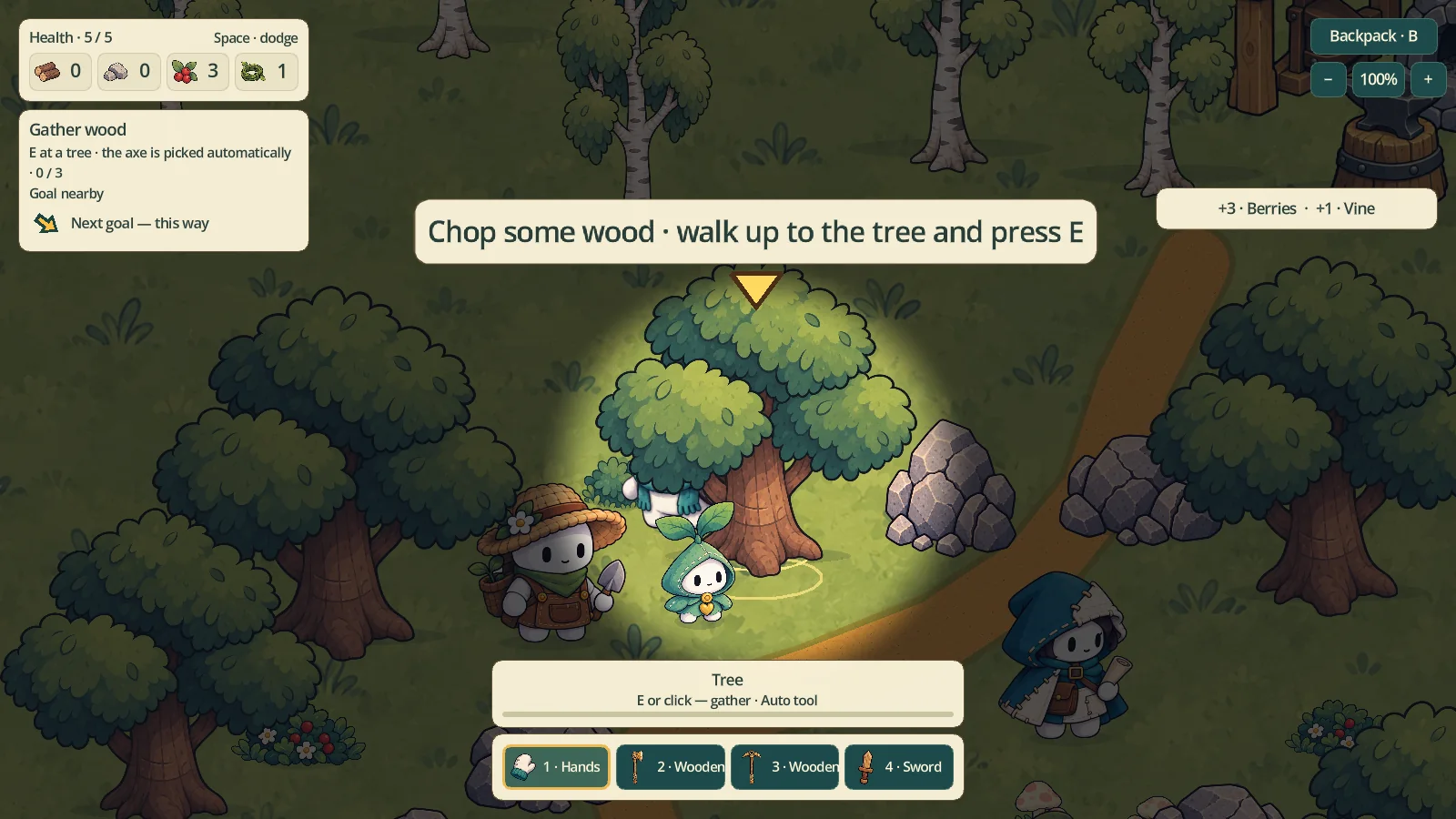 The screen dims and lights up a tree with a hint
