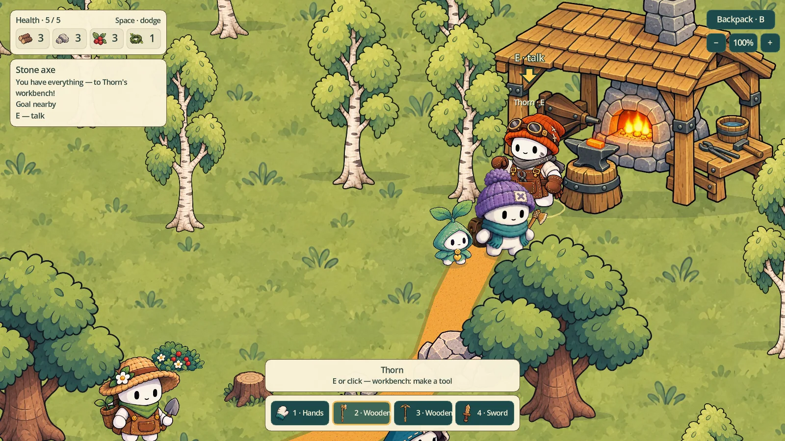 Thorn at his forge, the Wayfarer and Wispseed beside him
