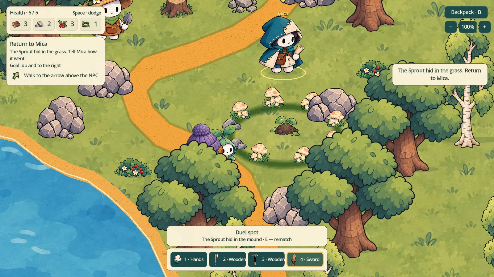 The Sprout hiding in a mound in its mushroom ring