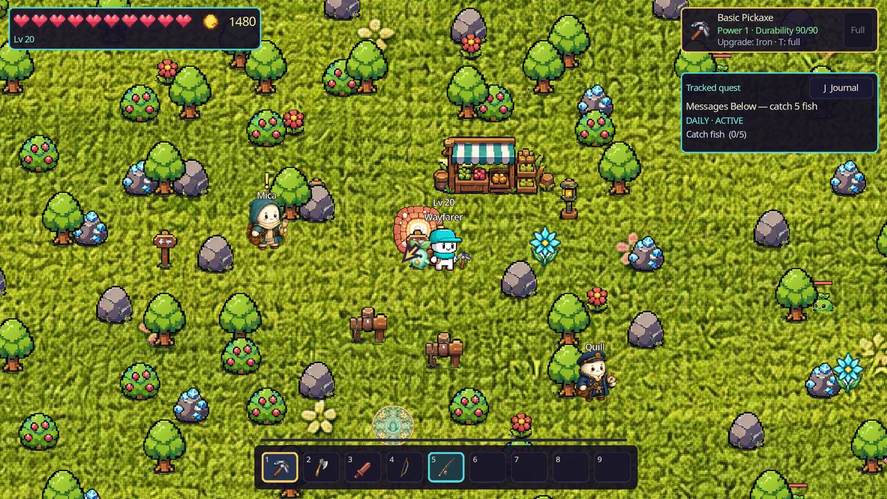 The meadow island, seen from above, with the player and a sprout companion.