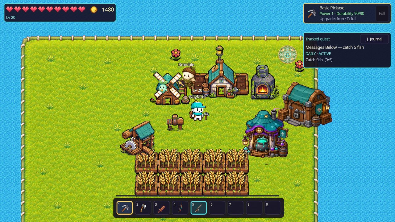The private garden island with crops, a windmill and a workbench.